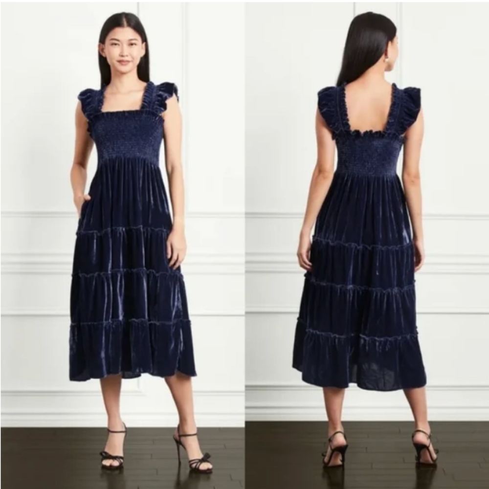 NWT Hill House The Ellie Nap Velvet Midi-Dress Navy Blue Ruffle Size Medium Boho
